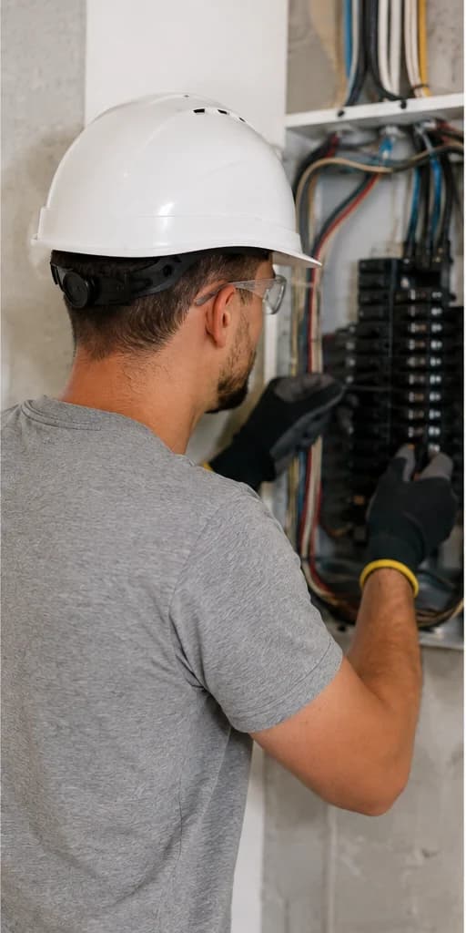 Electrician in a hard hat wiring a residential breaker panel