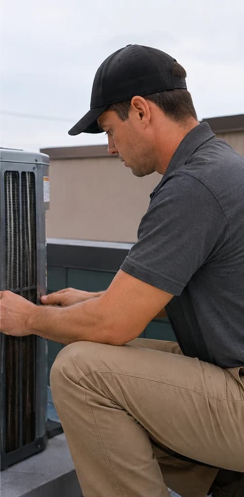 HVAC technician servicing a rooftop condenser unit